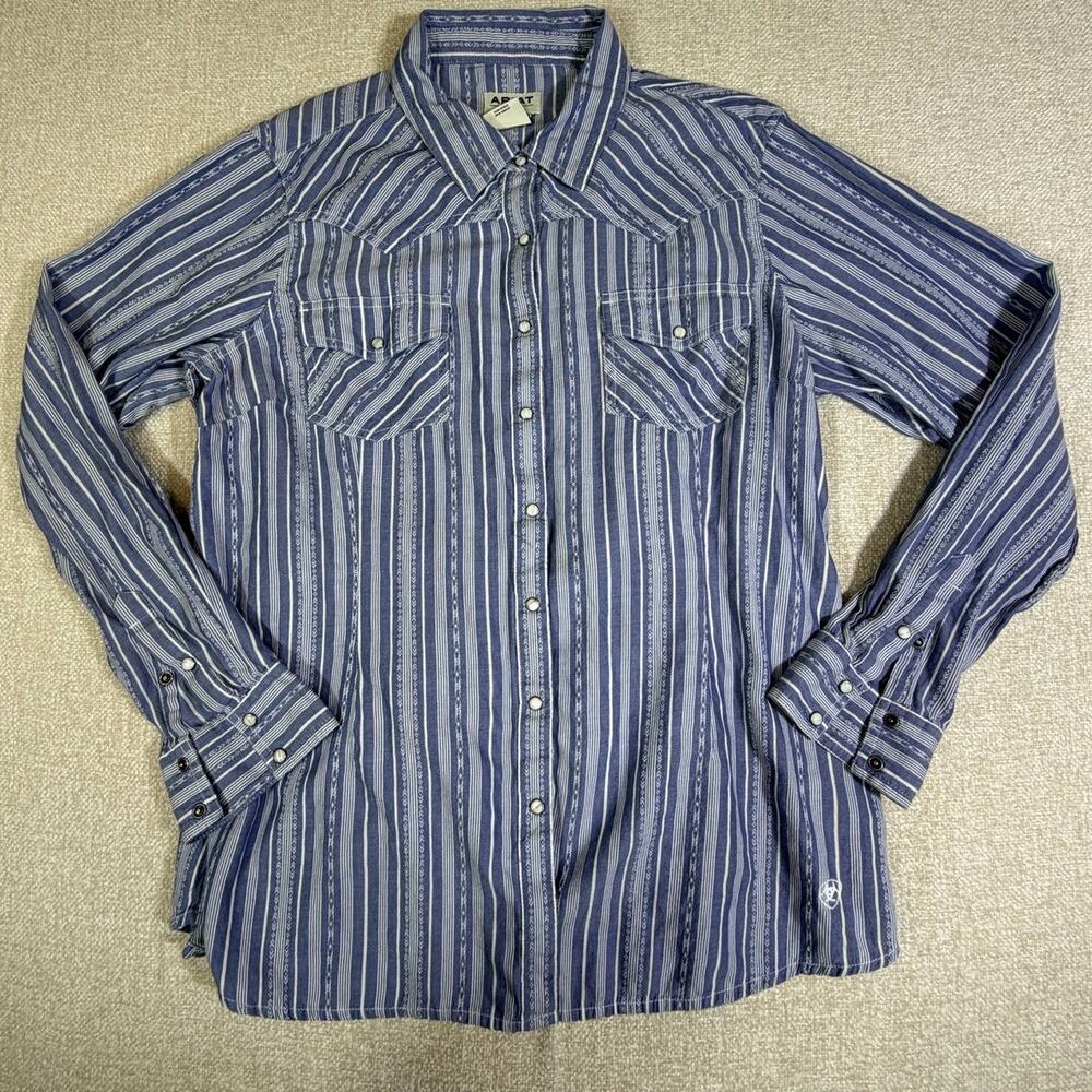 Ariat REAL Women XL Blue White Stripe Pearl Snap Western Long Sleeve Shirt Rodeo